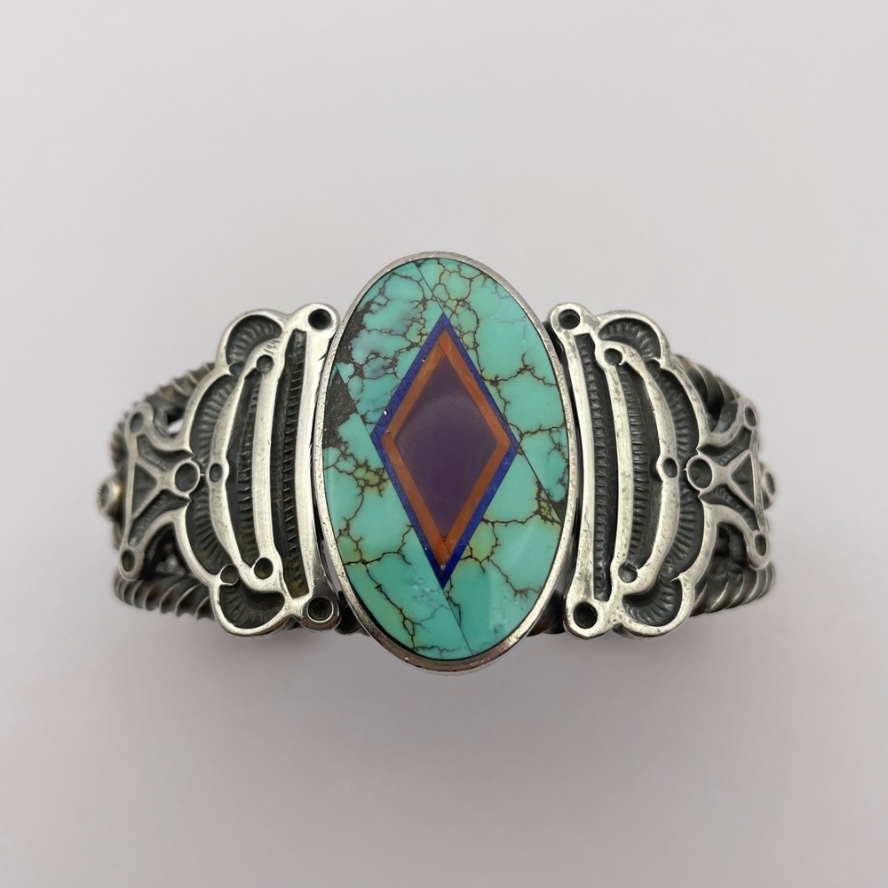 Vintage Navajo Ray Tracey & Knifewing Segura Sterling Silver Inlay Cuff Bracelet - Picture 10 of 16